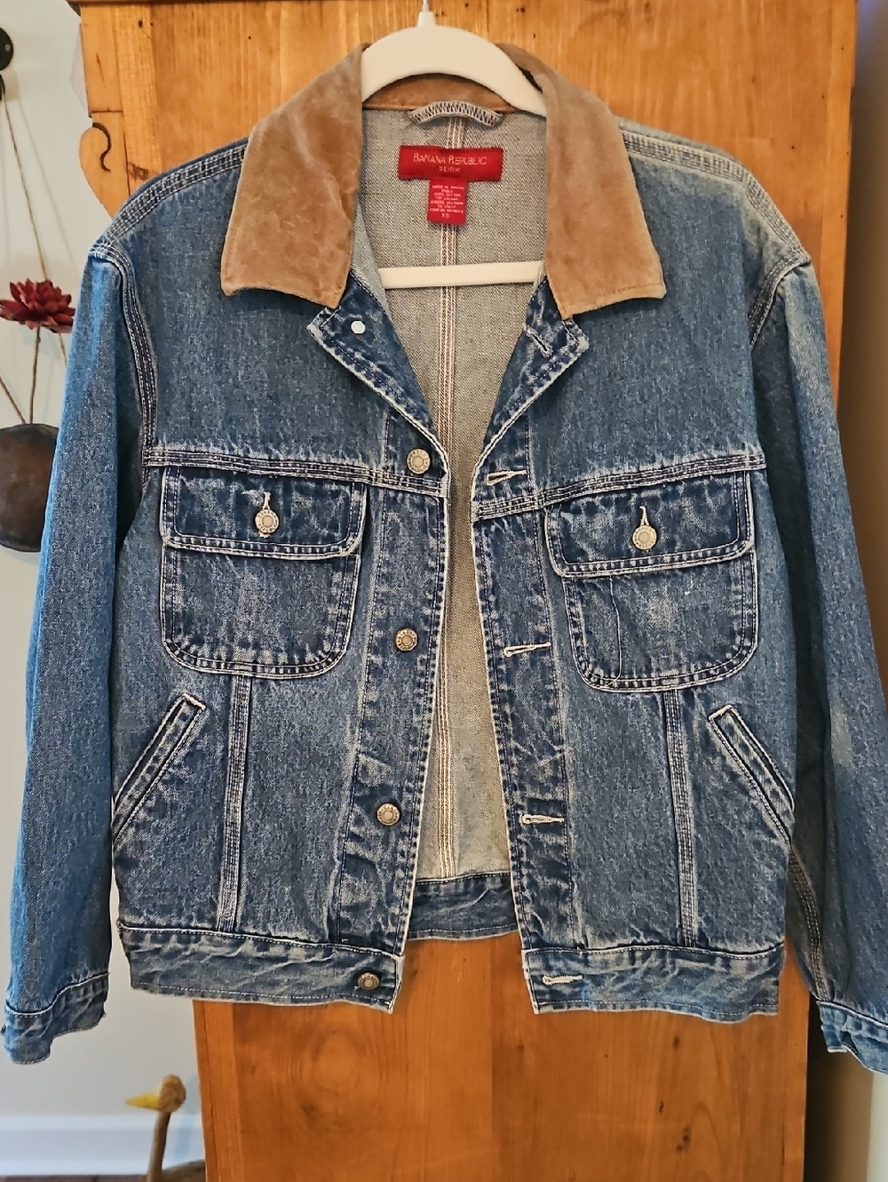 VINTAGE Banana Republic Blue Denim Jacket with Tan Suede Collar